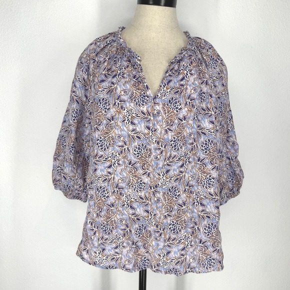 J. Jill Tops - J Jill Linen Floral Puff Sleeve Ruffle Boho Top Oversized Small Artsy‎ Cottage